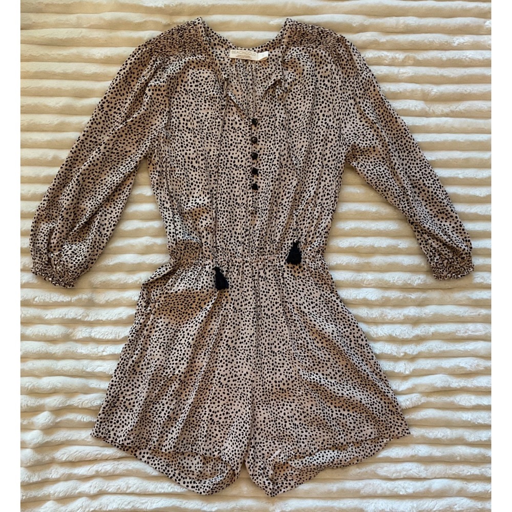 Anthropologie Beachgold Bali Tan Black Resort Romper Small Tassels